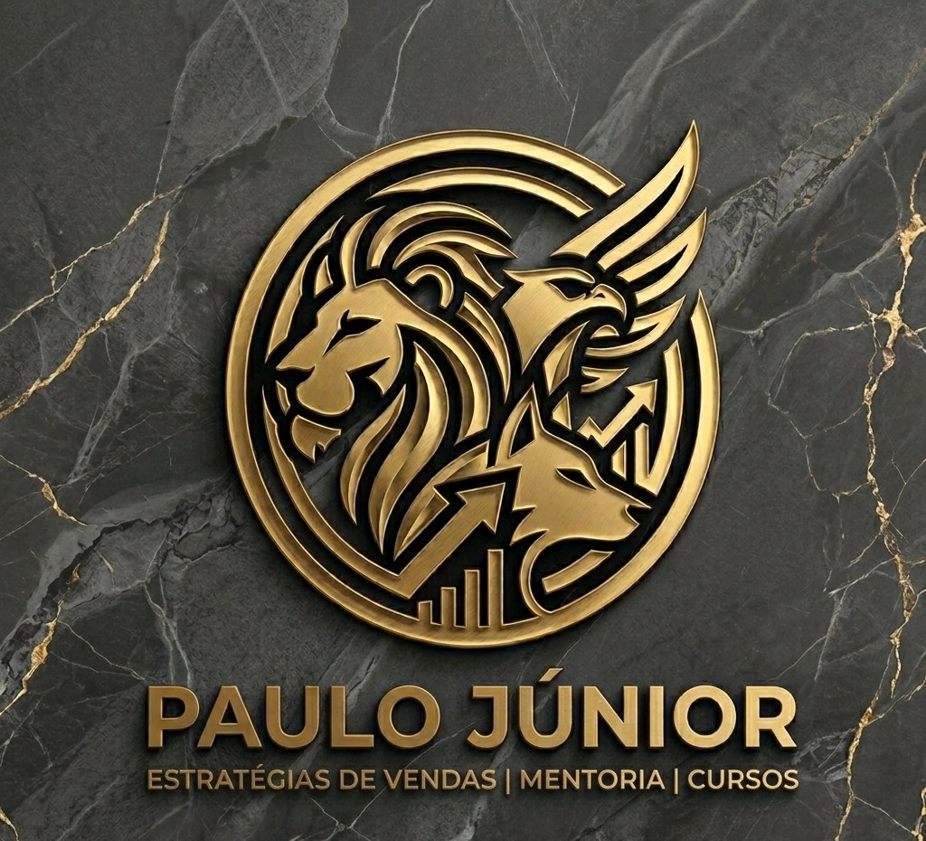Logo de Paulo Júnior: emblema dourado com leão, águia e lobo sobre mármore escuro. Estratégias de vendas, mentoria, cursos.